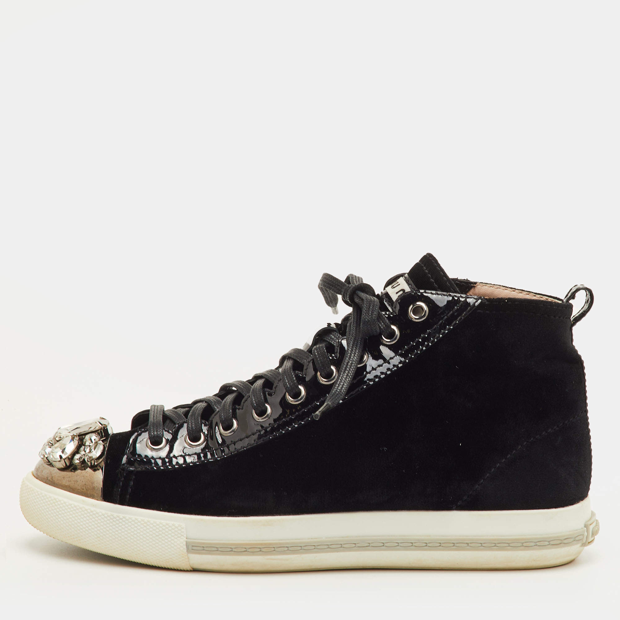 Pre Owned Miu Miu Crystal Embellished Cap Toe Size 38.5 Black Patent Leather and Velvet Mid Top Sneakers