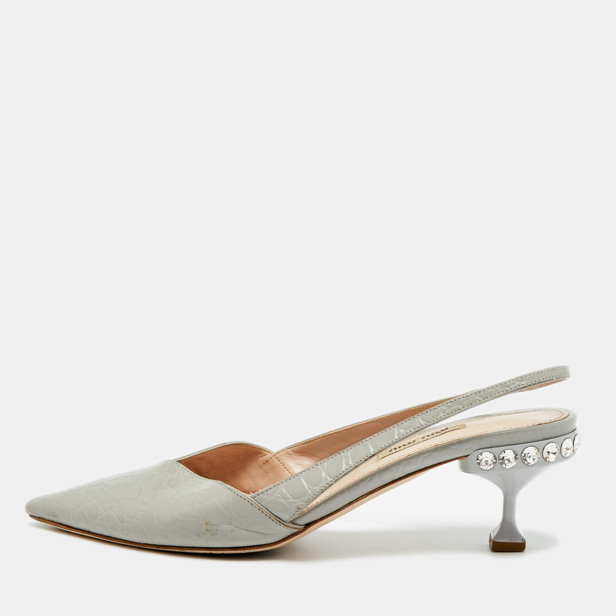 Pre Owned Miu Miu Size 38 Blue Croc Embossed Leather Slingback Pumps