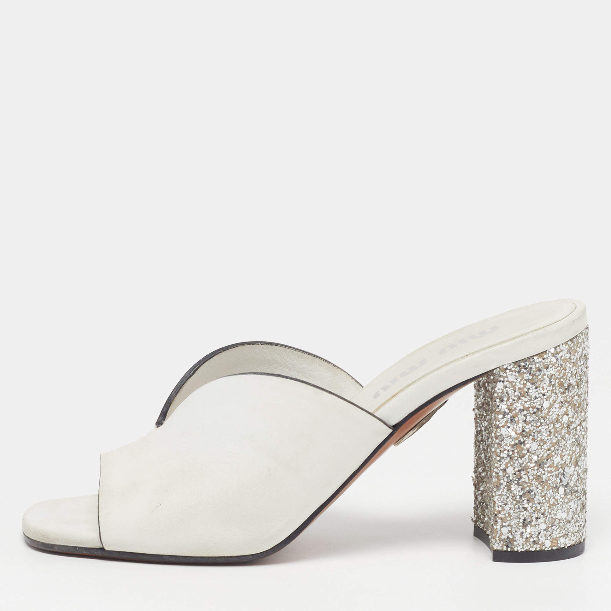 Pre Owned Miu Miu Size 37.5 White Leather Glitter Block Heel Slide Sandals