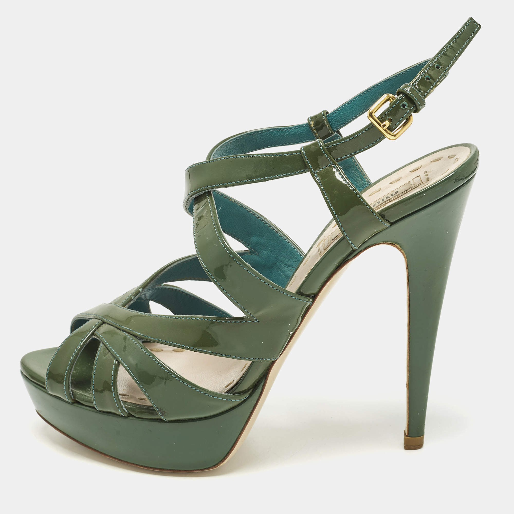 Pre Owned Miu Miu Size 37.5 Green Patent Leather Ankle Strap Sandals