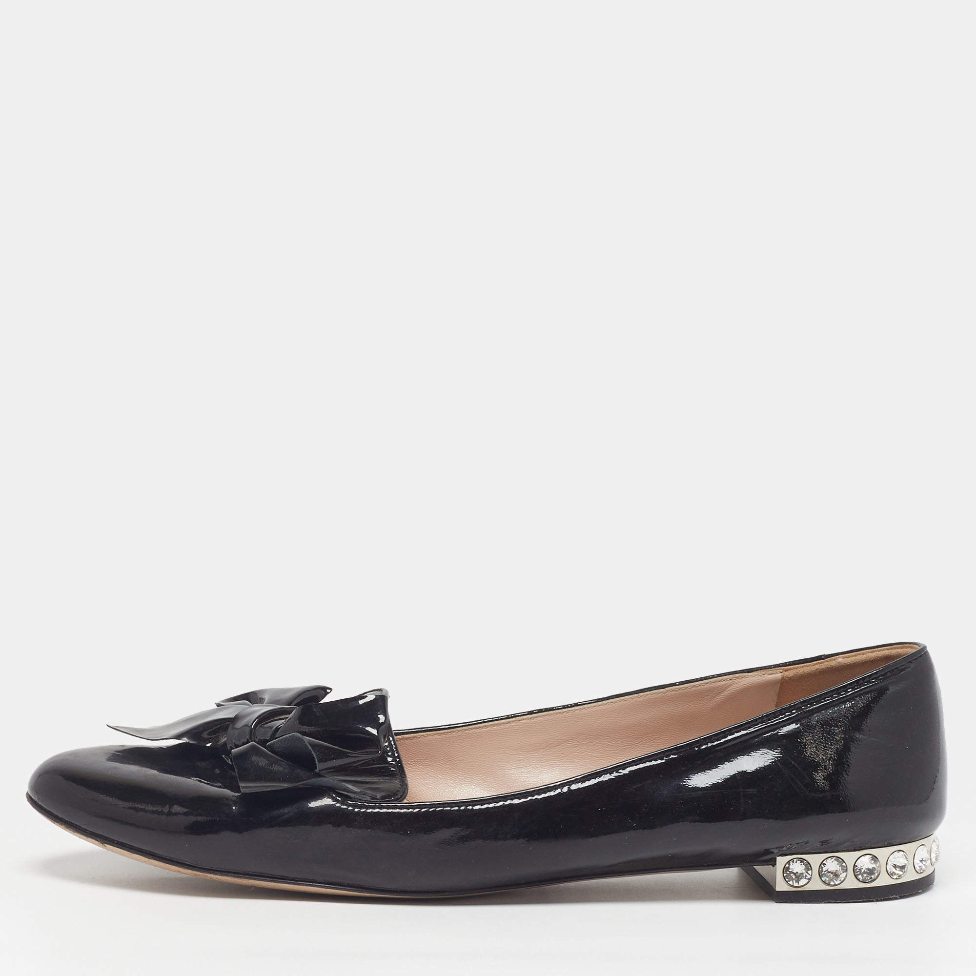 Pre Owned Miu Miu Bow Size 41 Black Patent Leather Bow Detail Crystal Embellished Ballet Flats