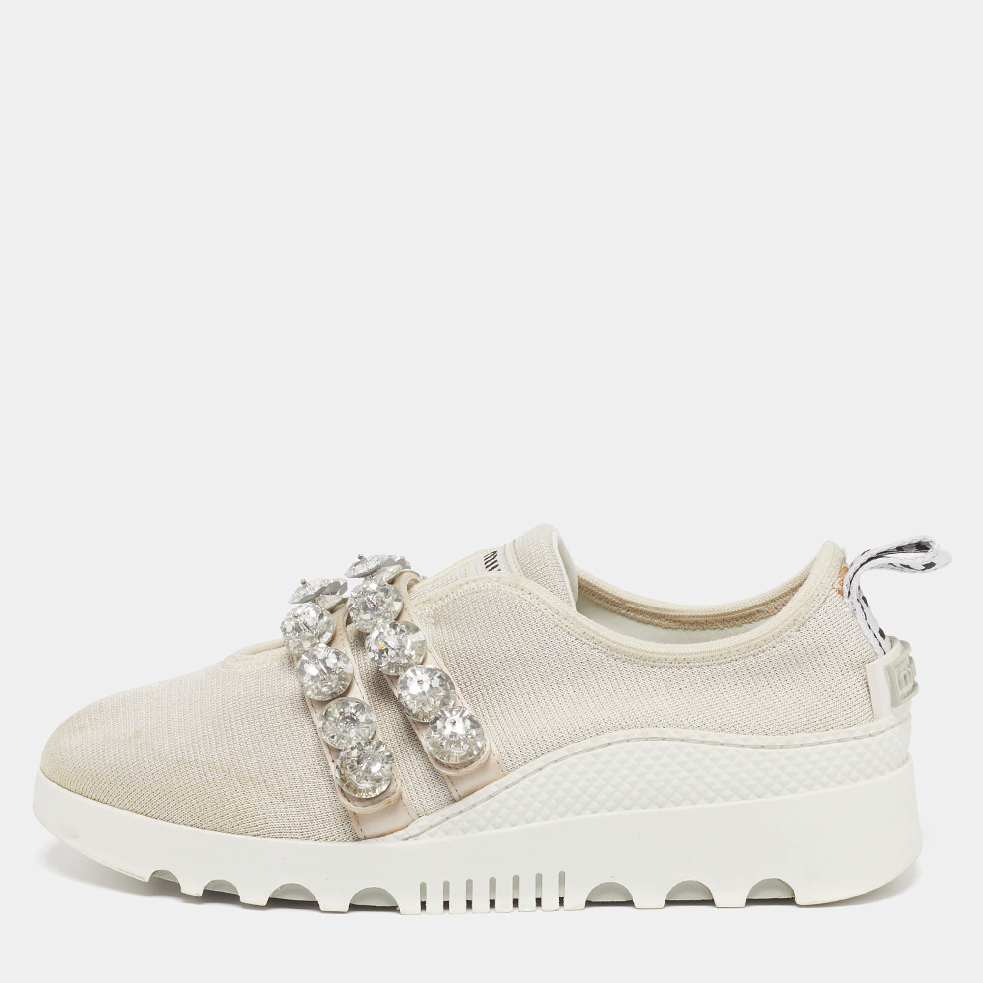 Pre Owned Miu Miu Size 36 Cream Knit Fabric Crystal Embellished Slip On Sneakers