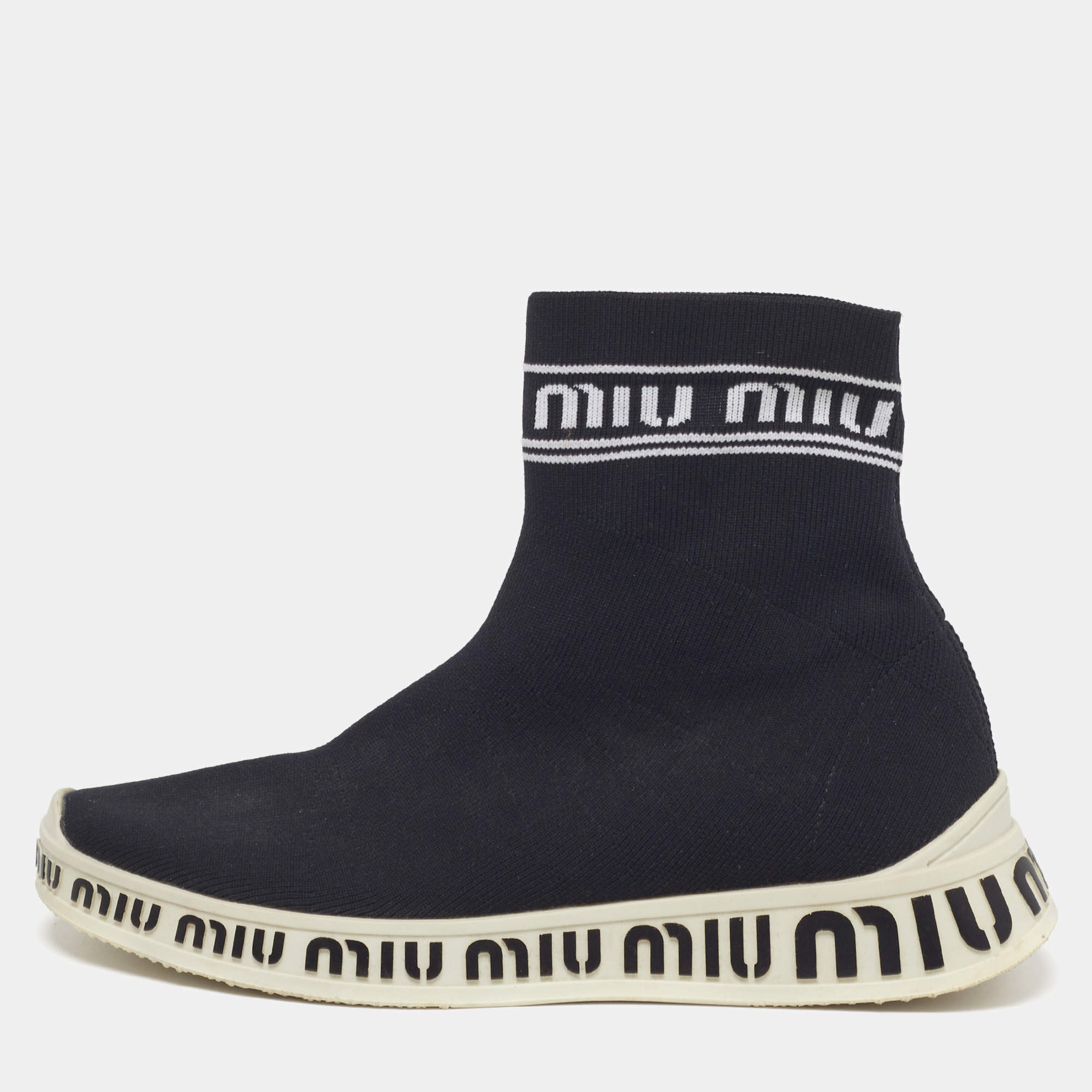 Pre Owned Miu Miu Sock Size 36 Black Knit Fabric High Top Sneakers