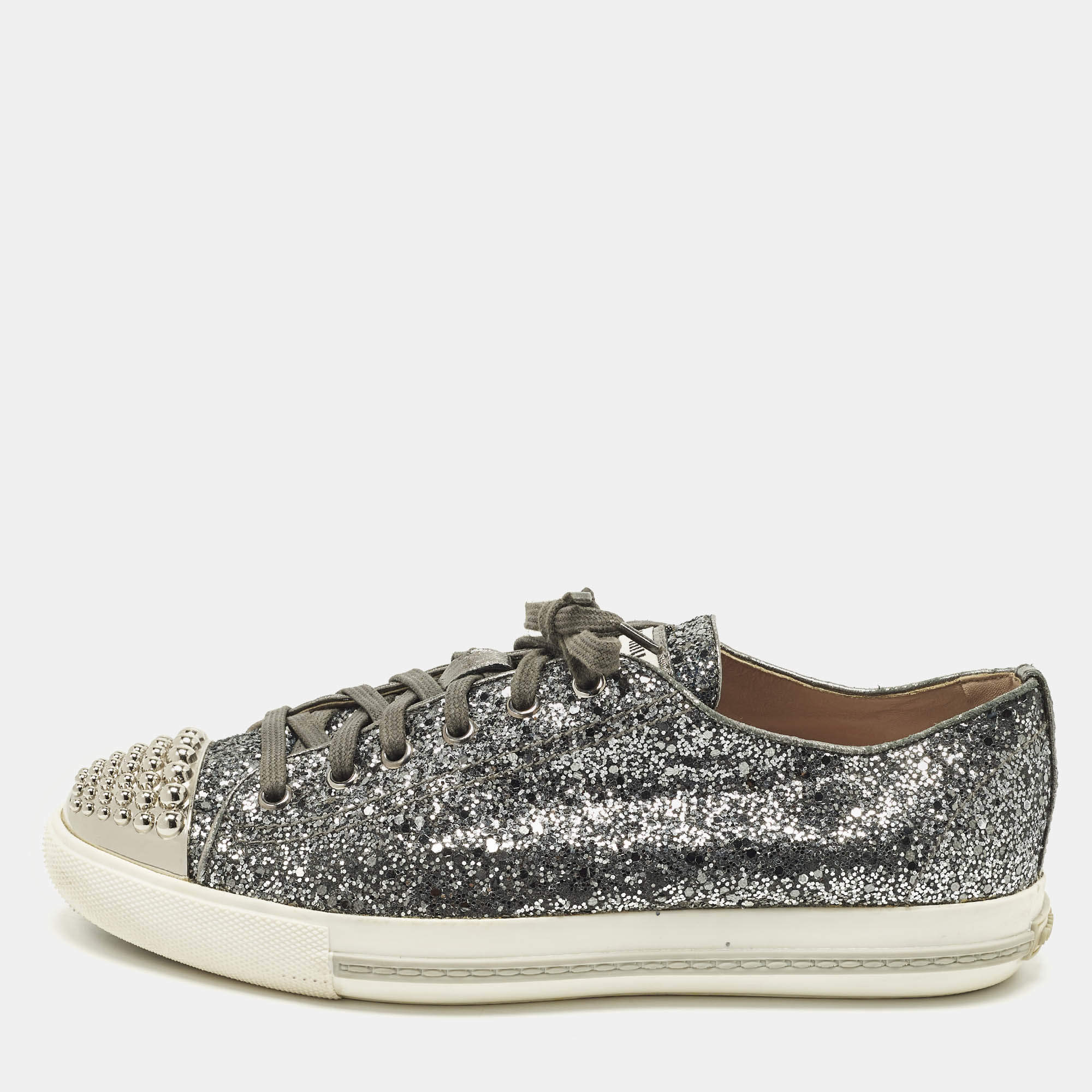 Pre Owned Miu Miu Size 39 Metallic Dark Grey Glitter Studded Cap Toe Low Top Sneakers