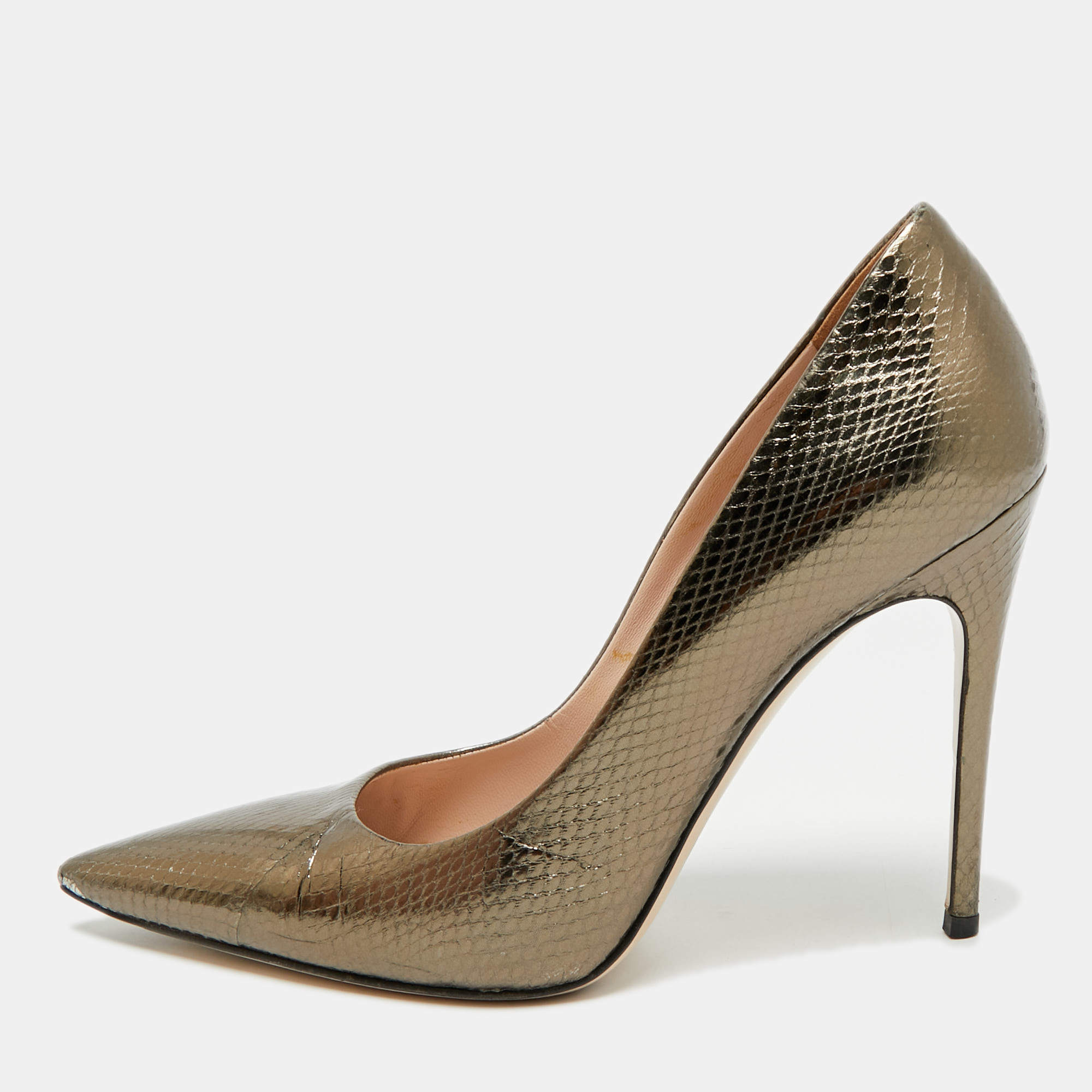 Pre Owned Miu Miu Size 38.5 Metallic Snakeskin Embossed Leather Pointed Toe Pumps