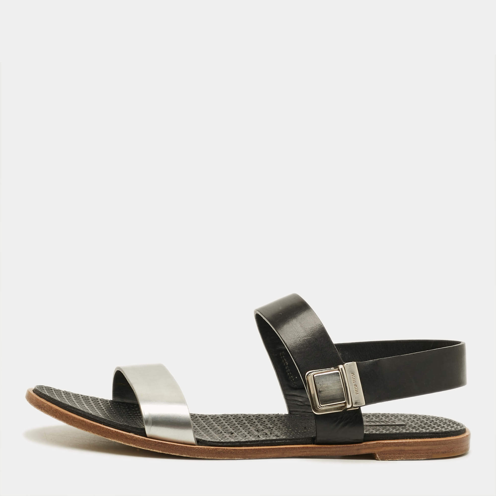 Pre Owned Miu Miu Size 39 Black/Silver Leather Slingback Flat Sandals 