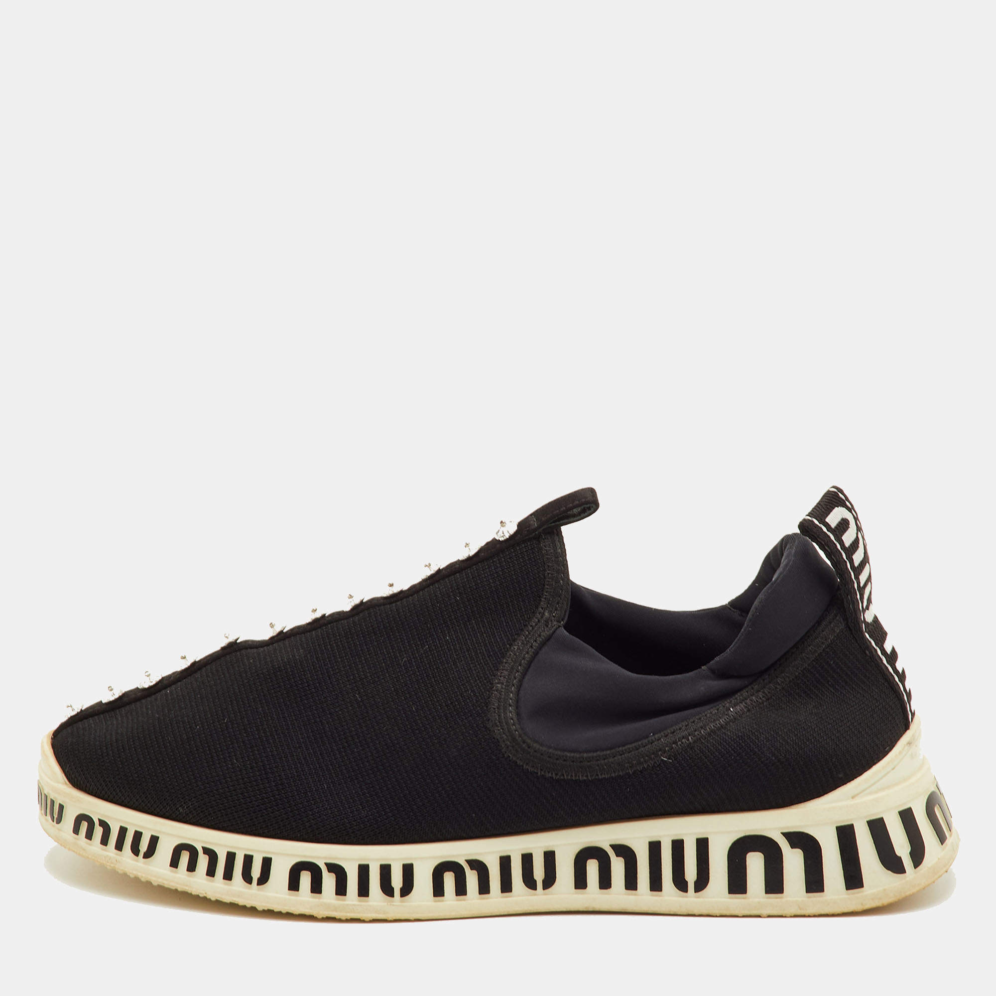 Pre Owned Miu Miu Run Size 37 Black Neoprene and Stretch Knit Crystal Embellished Slip On Sneakers