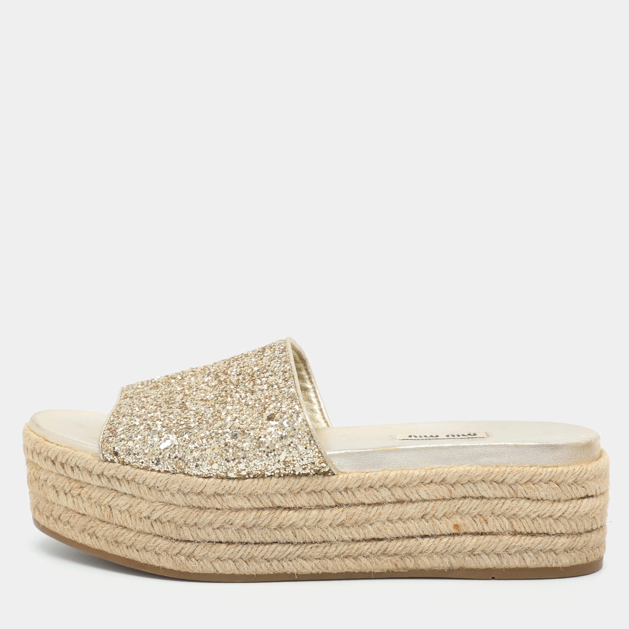 Pre Owned Miu Miu Size 38.5 Gold Glitter Espadrille Platform Slide Sandals
