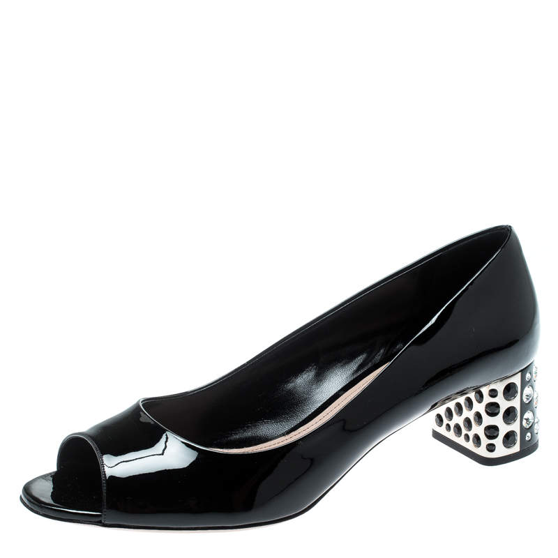 Pre Owned Miu Miu Black Patent Leather Crystal Embellished Heel Peep Toe Pumps 39