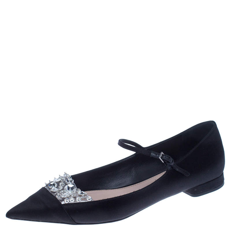 Pre Owned Miu Miu Black Satin Jewel Embellished Ballet Flats Size 39