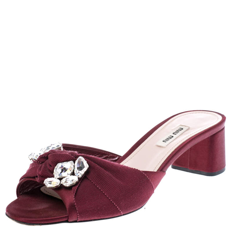 Miu Miu Burgundy Satin Crystal Embellished Open Toe Sandals Size 39.5