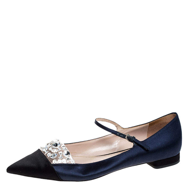 Miu Miu Blue/Black Satin Crystal Embellished Mary Jane Pointed Toe Ballet Flats Size 38.5