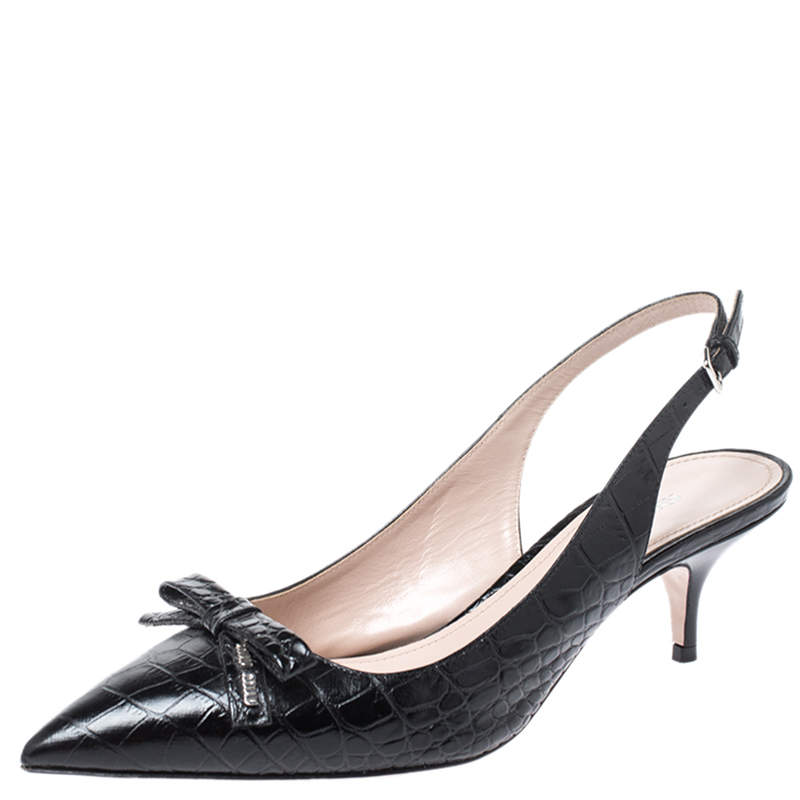 Miu Miu Black Croc Embossed Leather Bow Pointed Toe Slingback Sandals Size 37.5