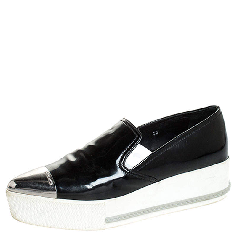 Miu Miu Black Patent Leather Metal Cap Toe Platform Slip On Sneakers Size 39
