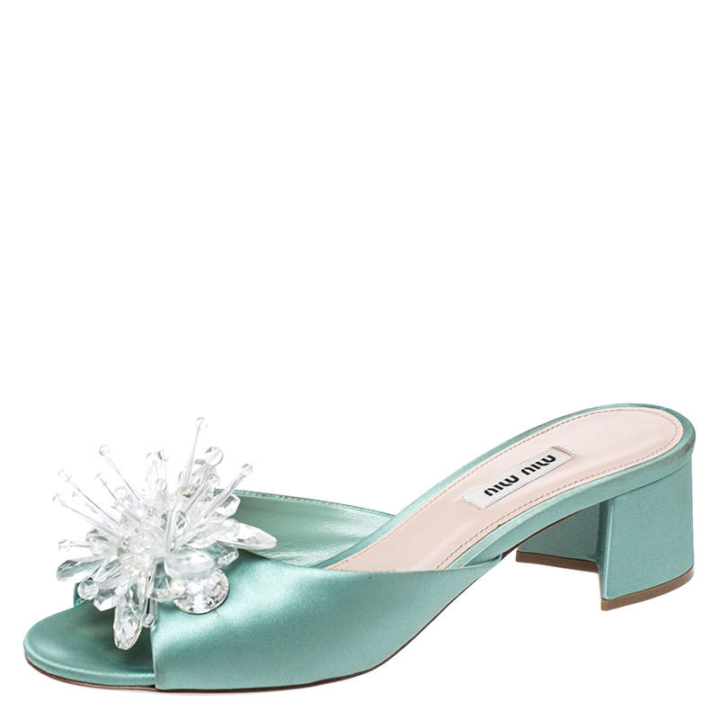 Pre Owned Miu Miu Pista Green Satin Crystal Embellished Slide Mules Size 38