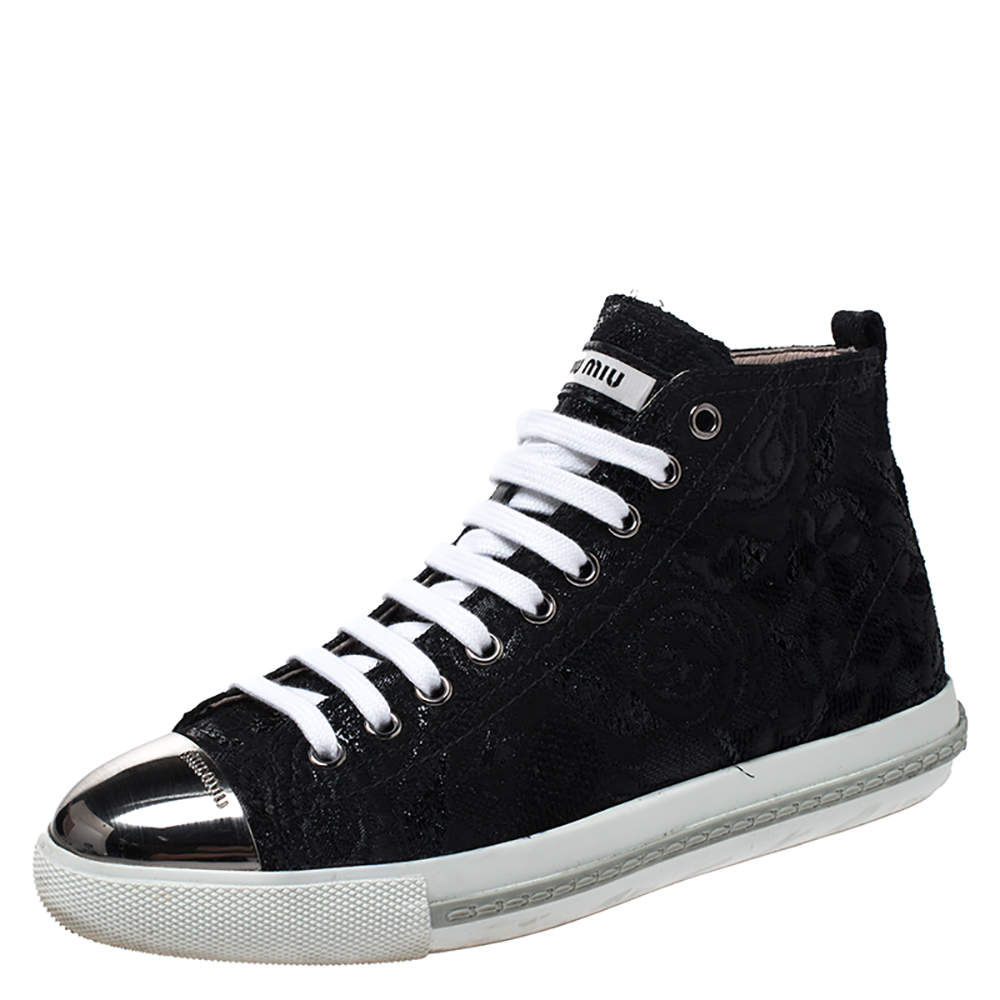 Miu Miu Black Brocade Fabric Metal Cap Lace Up Sneakers Size 37