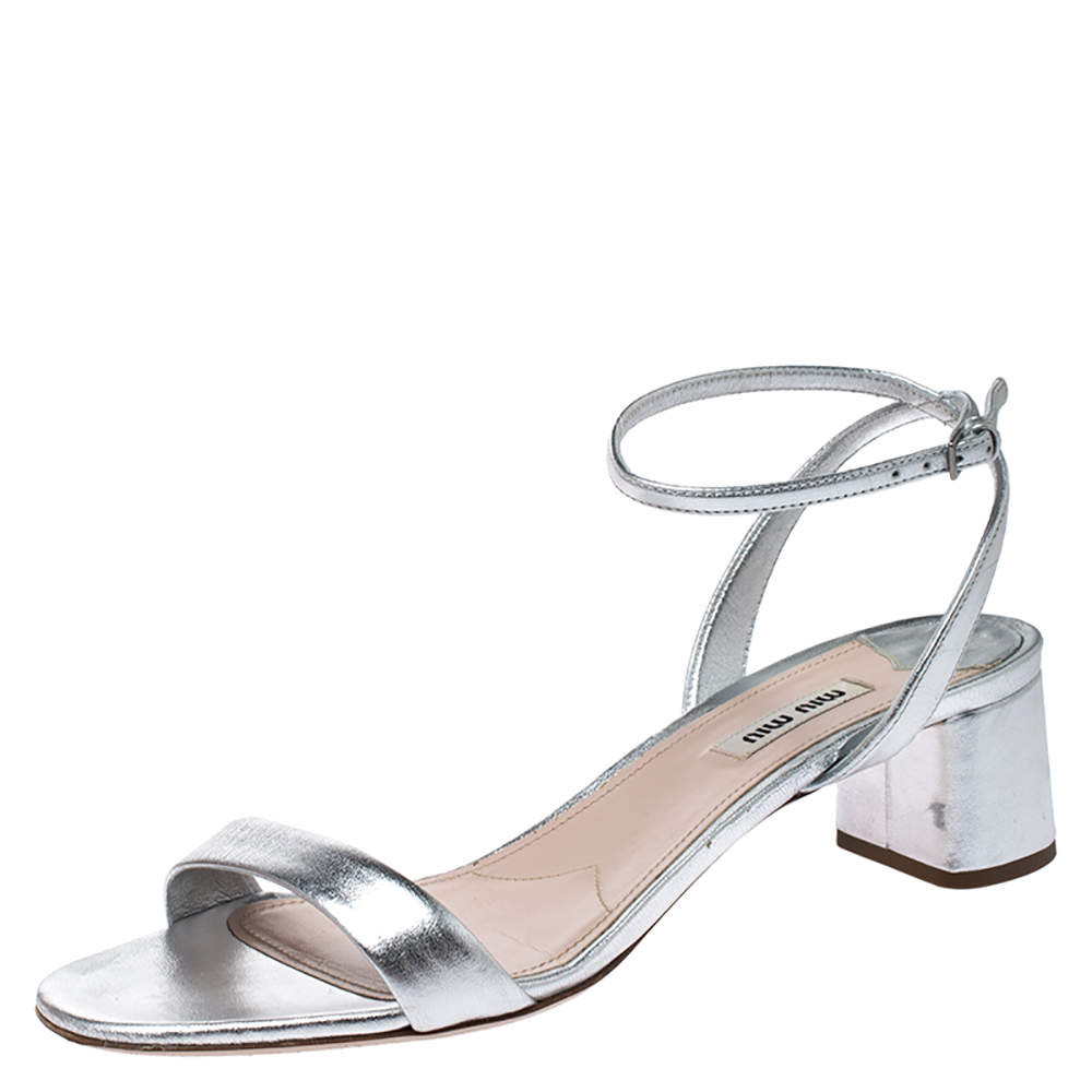 Miu Miu Metallic Silver Leather Ankle Strap Block Heel Sandals Size 39.5