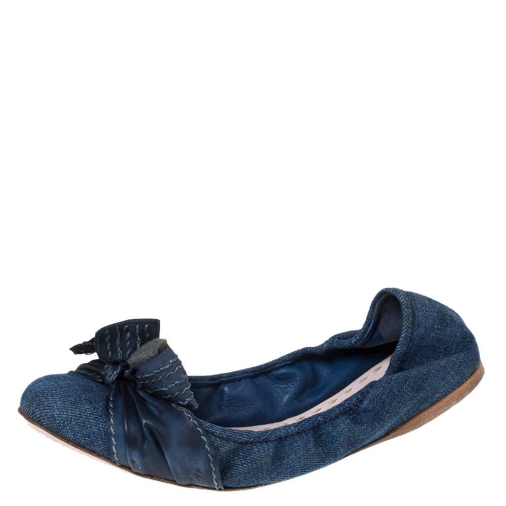 Pre Owned Miu Miu Blue Denim And Leather Bow Scrunch Ballet Flats Size 41