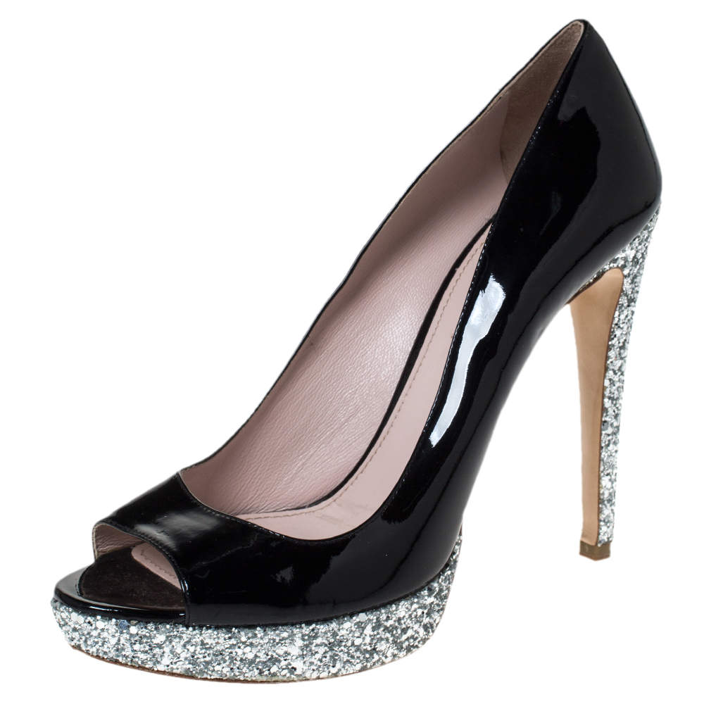 Pre Owned Miu Miu Black Patent Leather And Coarse Glitter Peep Toe Platform Pumps Size 40