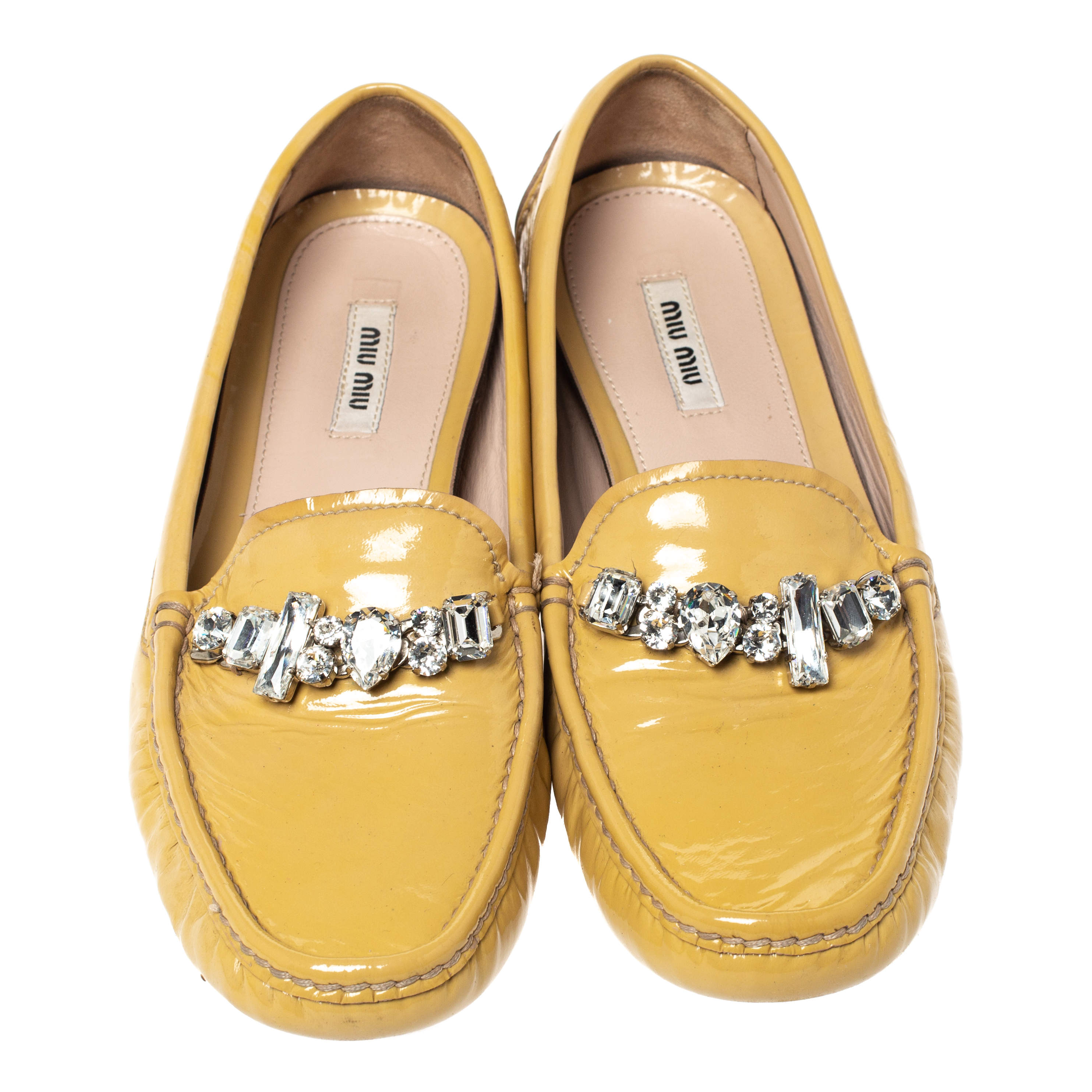Miu Miu Pale Yellow Patent Leather Crystal Embellished Slip On Loafer Size  40.5