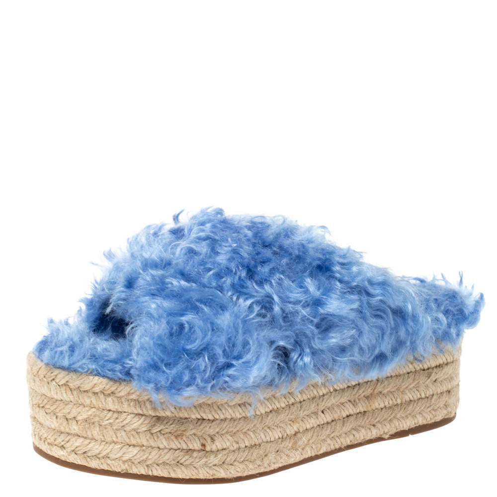Miu Miu Blue Faux Fur Flat Platform Espadrille Sandals Size 36