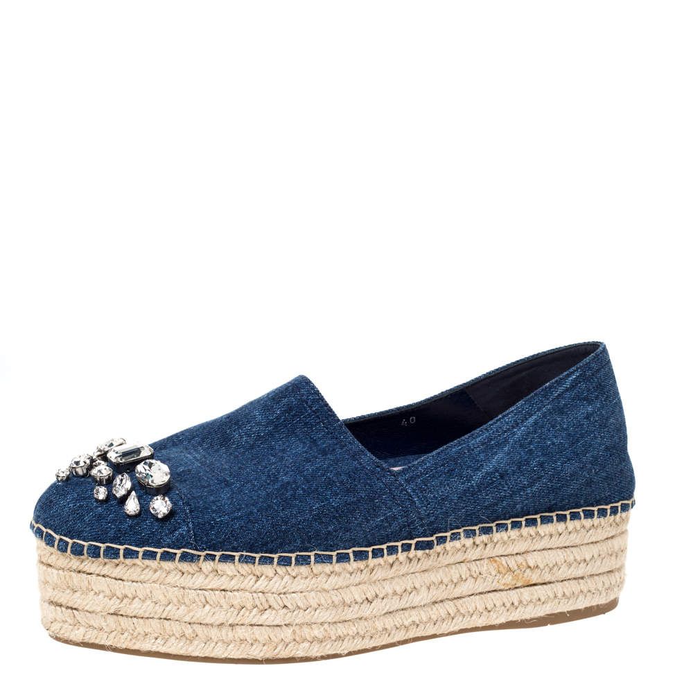 Miu Miu Blue Denim Fabric Crystal Embellished Platform Espadrilles Flats Size 40