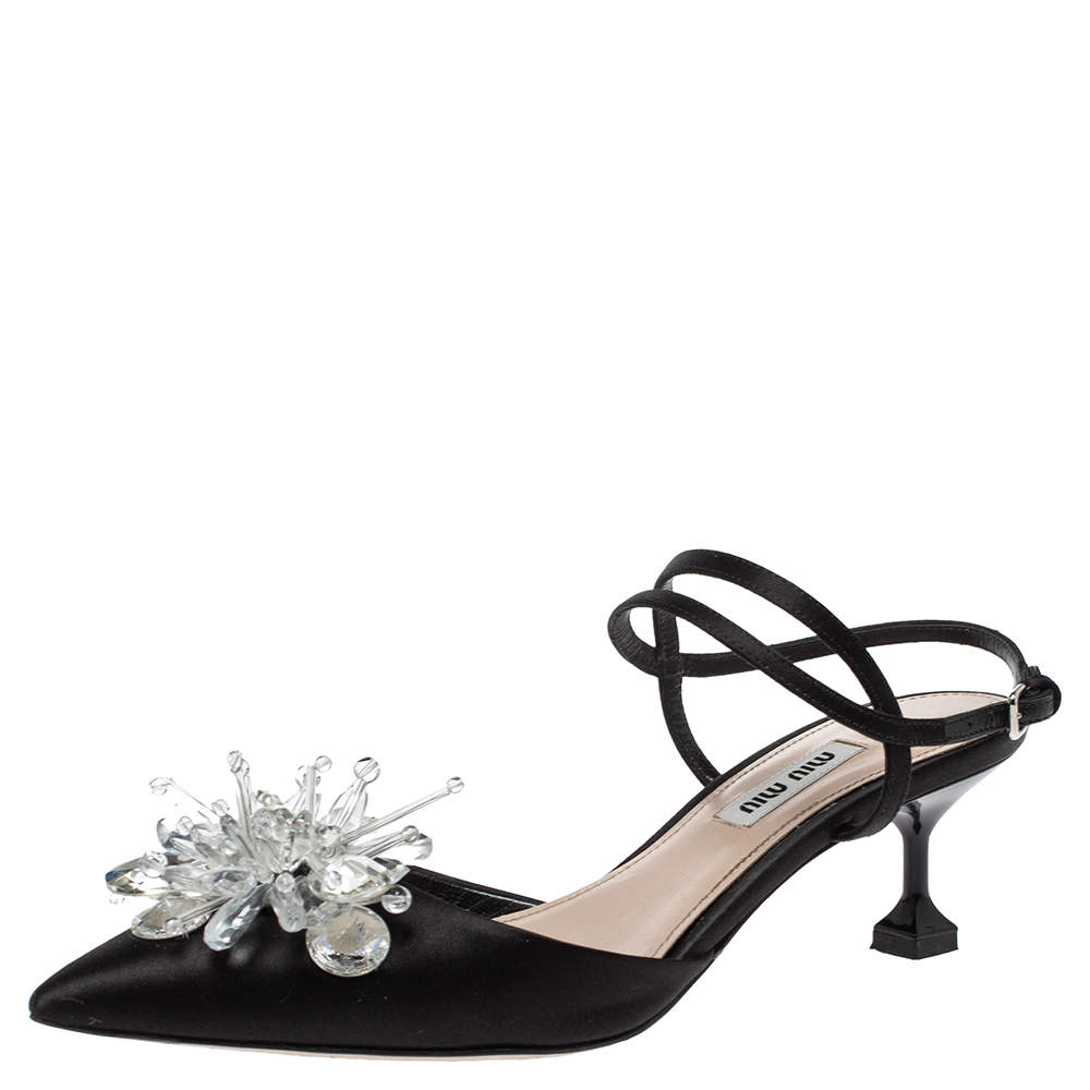 Miu Miu Black Satin Crystal Embellished Ankle Strap Sandals Size 36.5