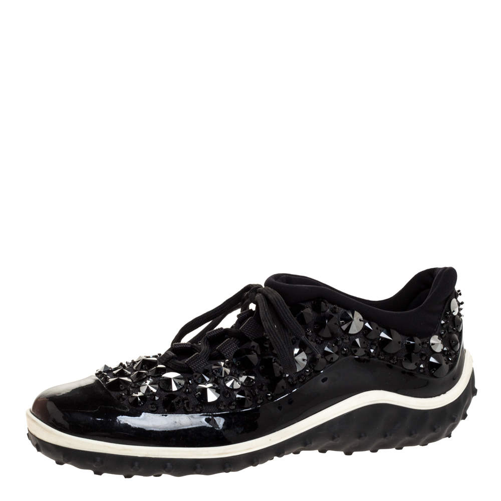 Pre Owned Miu Miu Black/White Fabric and Patent Leather Embellished Astro Sneakers Size 38.5