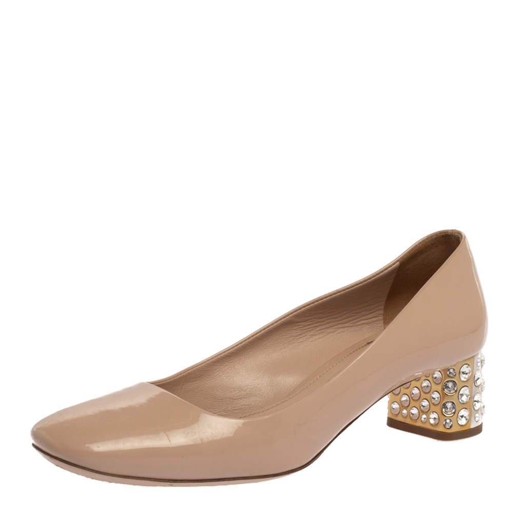 Pre Owned Miu Miu Beige Patent Leather Crystal Embellished Block Heel Pumps Size 36.5