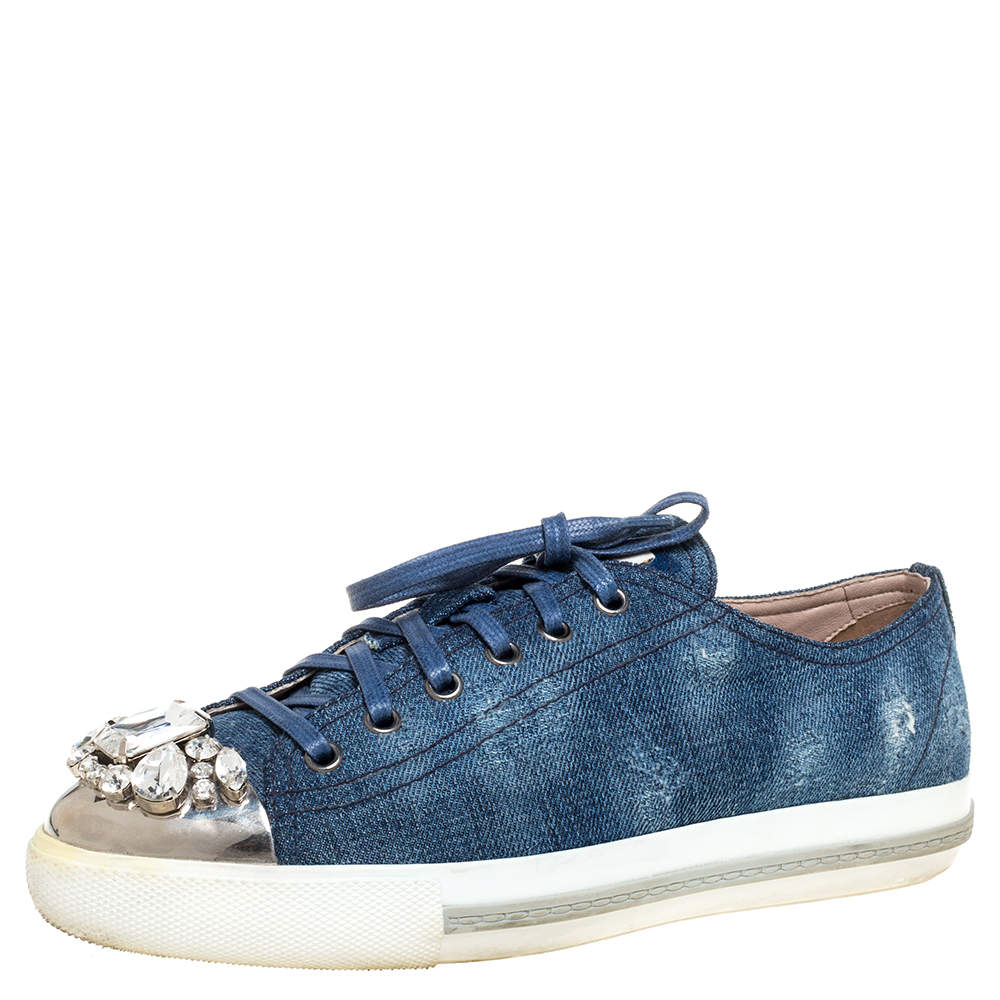 Miu Miu Blue Denim Fabric Embellished Cap Toe Sneakers Size 39.5