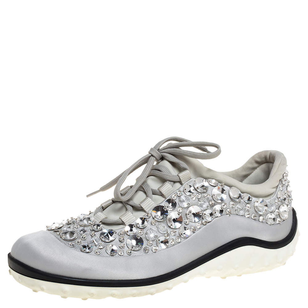 Miu Miu Grey Embellished Satin and Mesh Astro Sneakers Size 39