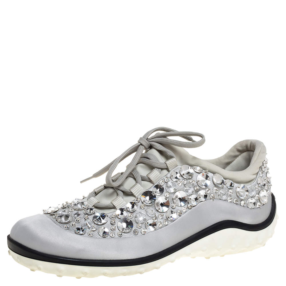 Pre Owned Miu Miu Grey Embellished Satin and Mesh Astro Sneakers Size 39