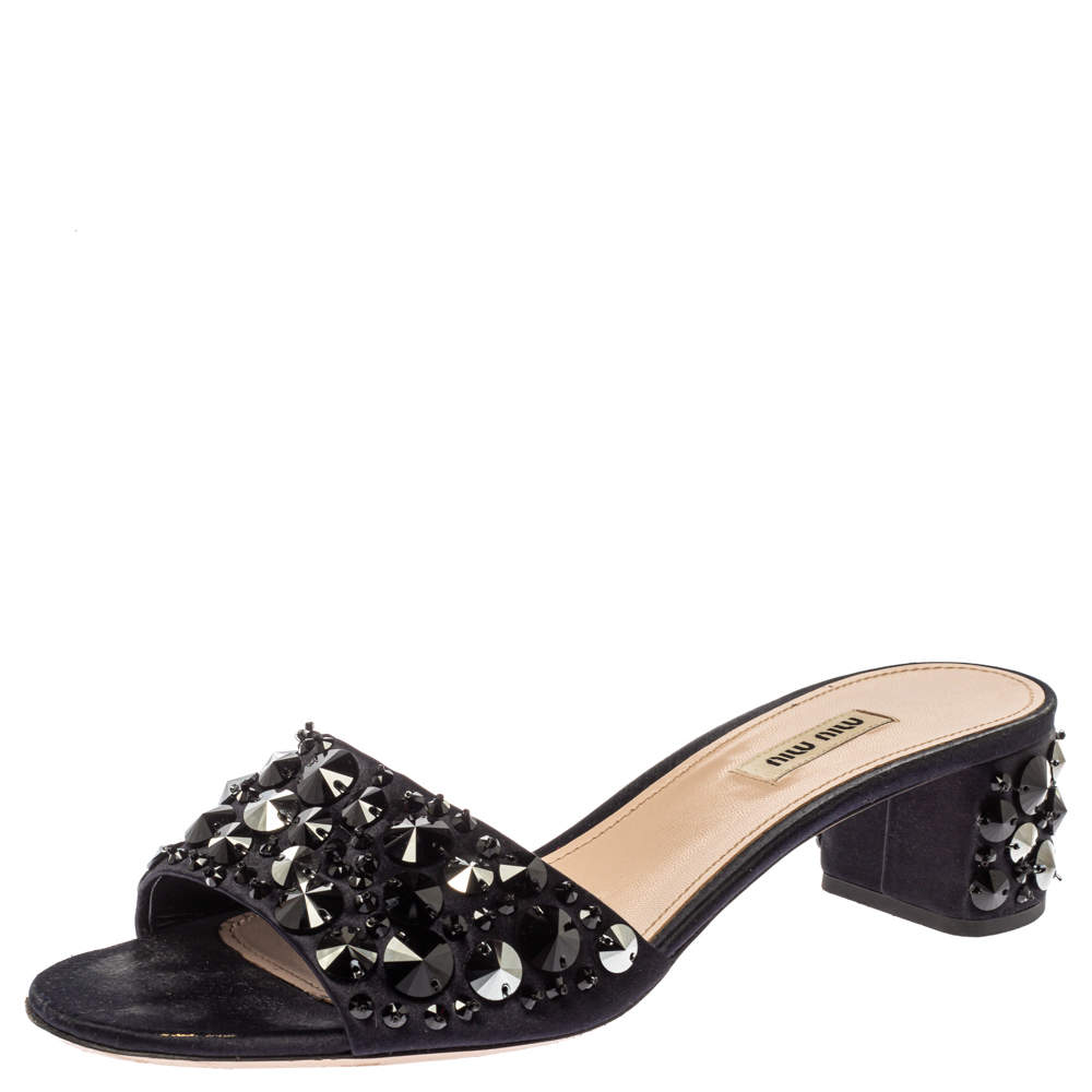 Pre Owned Miu Miu Blue Satin Embellished Block Heels Slip On Sandals Size 40.5