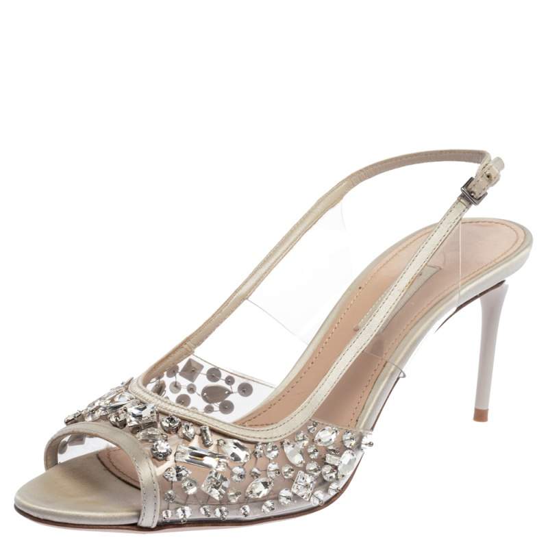 Miu Miu White PVC And Leather Crystal Embellished Slingback Sandals Size 38