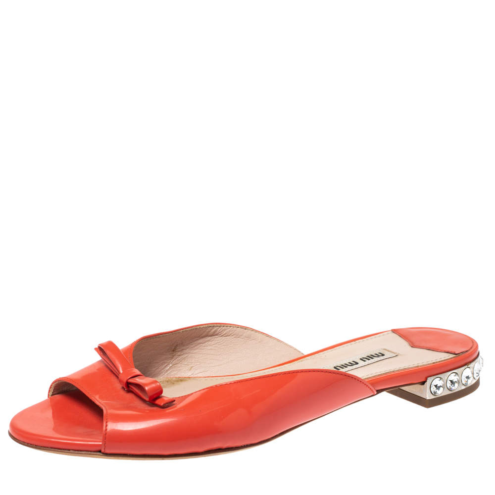 Miu Miu Orange Patent Leather Crystal Embellished Heel Bow Flat Slides Size 36