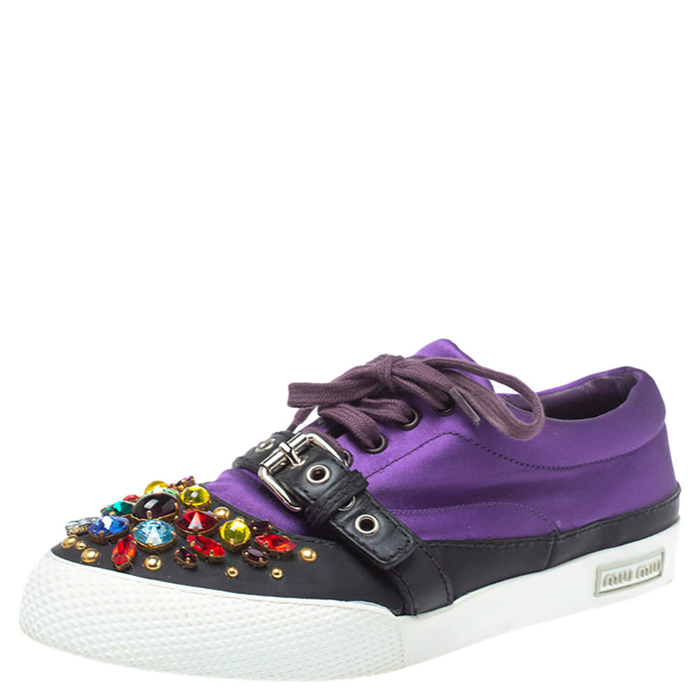 Miu Miu Purple Satin Crystal And Stud Cap Toe Embellished Buckle Detail Sneakers Size 40