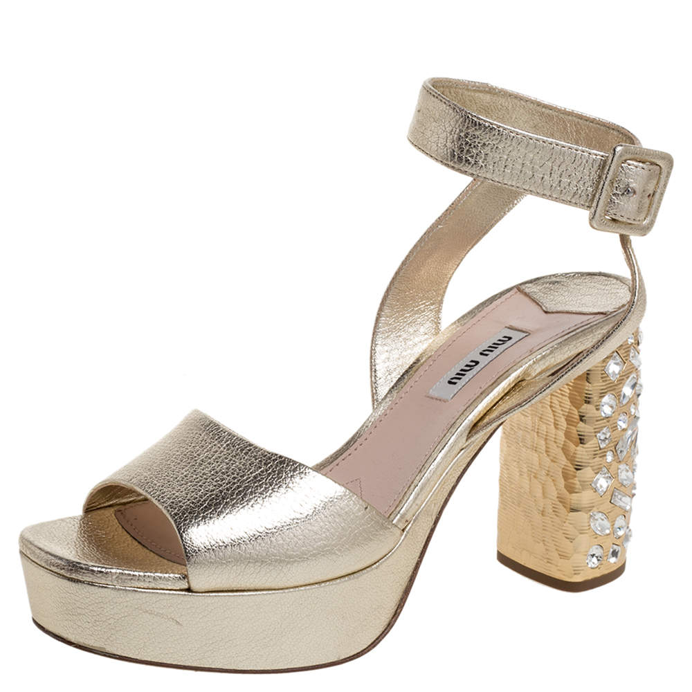 Miu Miu Gold Leather Crystal Embellished Block Heel Ankle Strap Platform Sandals Size 38.5