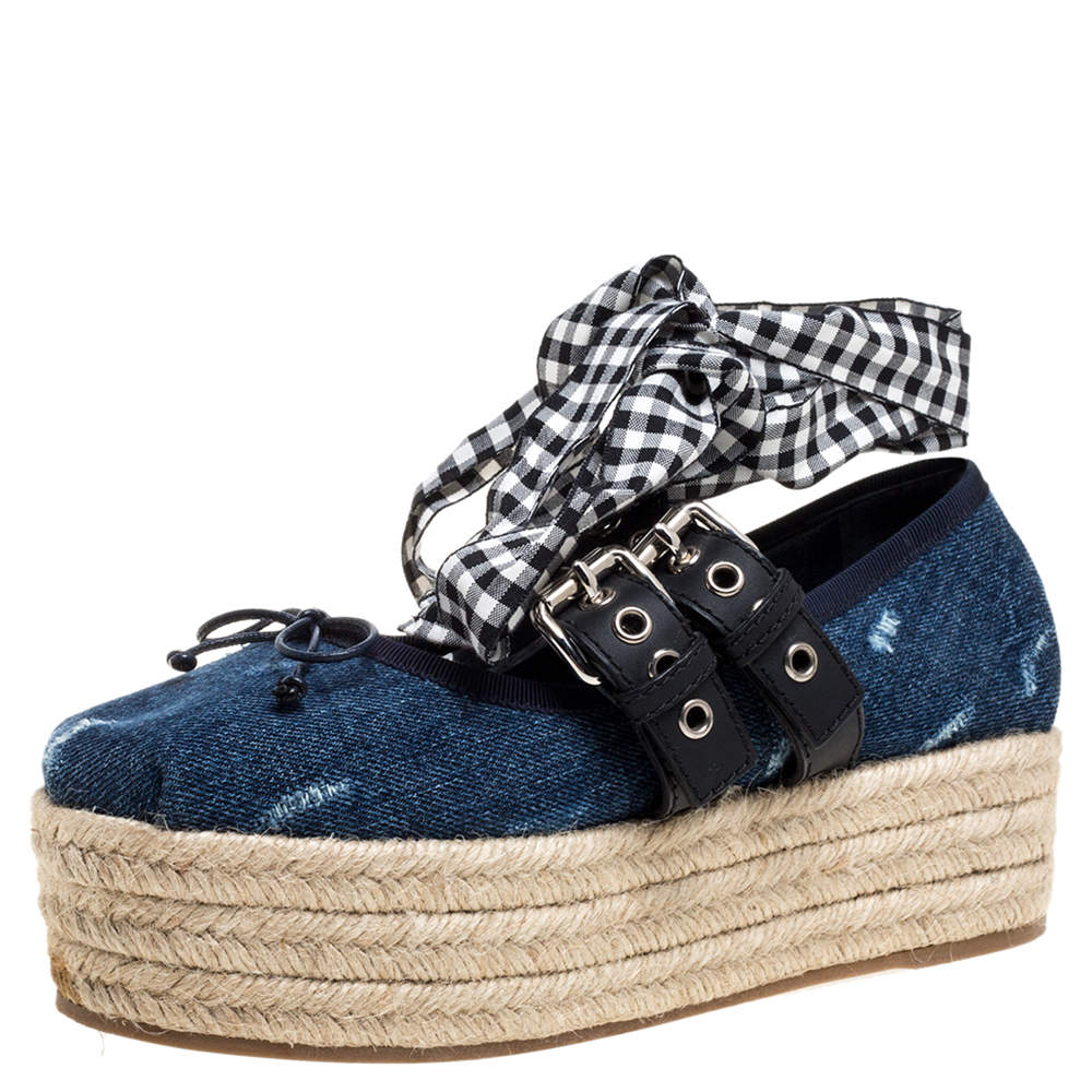 Pre Owned Miu Miu Blue Denim Lace Up Platform Wedge Flat Esapdrilles Szie 37.5