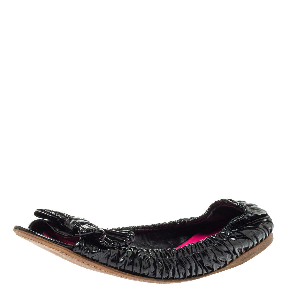 Miu Miu Black Patent Leather Scrunch Bow Open Toe Ballet Flats Size 38