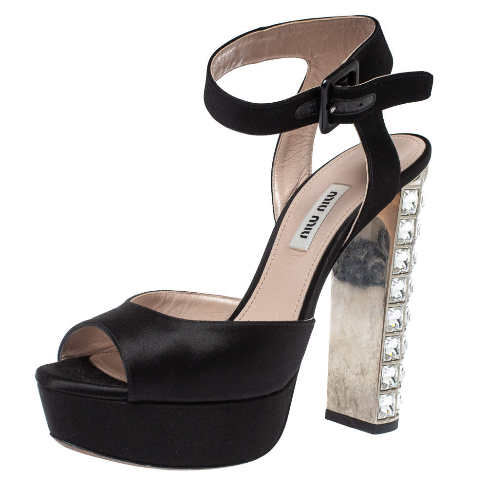 Pre Owned Miu Miu Black Satin Embellished Block Heel Peep Toe Platform Ankle Strap Sandals Size 38