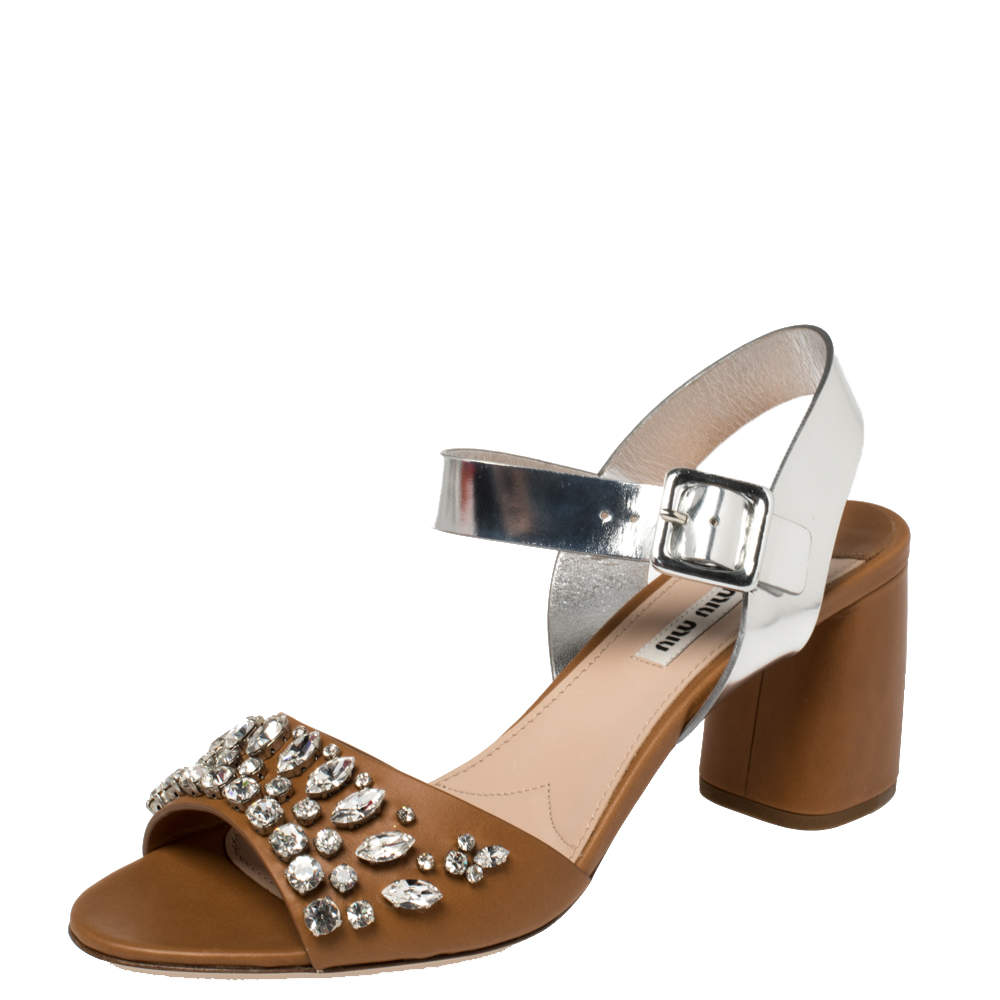 Miu Miu Brown/Silver Leather Crystal Embellished Block Heel Ankle Strap Sandals Size 40