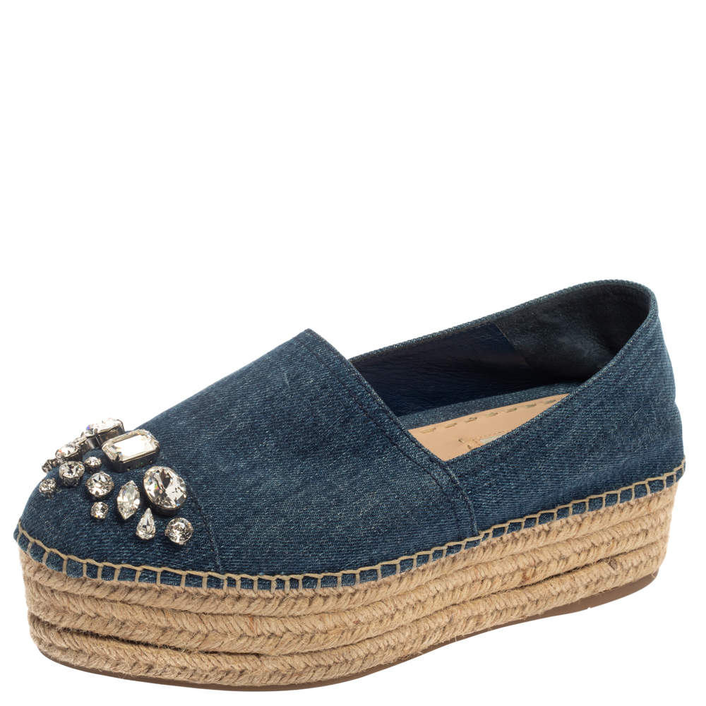 MIU MIU★Distressed Denim Crystal Platform Espadrille Sandal Miu-Miu-Denim-Crystal-Sandal-