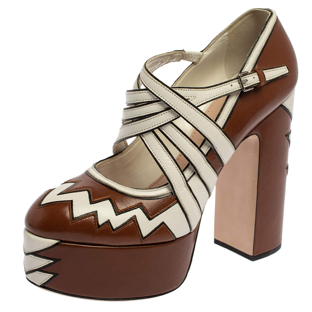 Pre Owned Miu Miu Brown/White Leather Mary Jane Strap Pumps Size 38