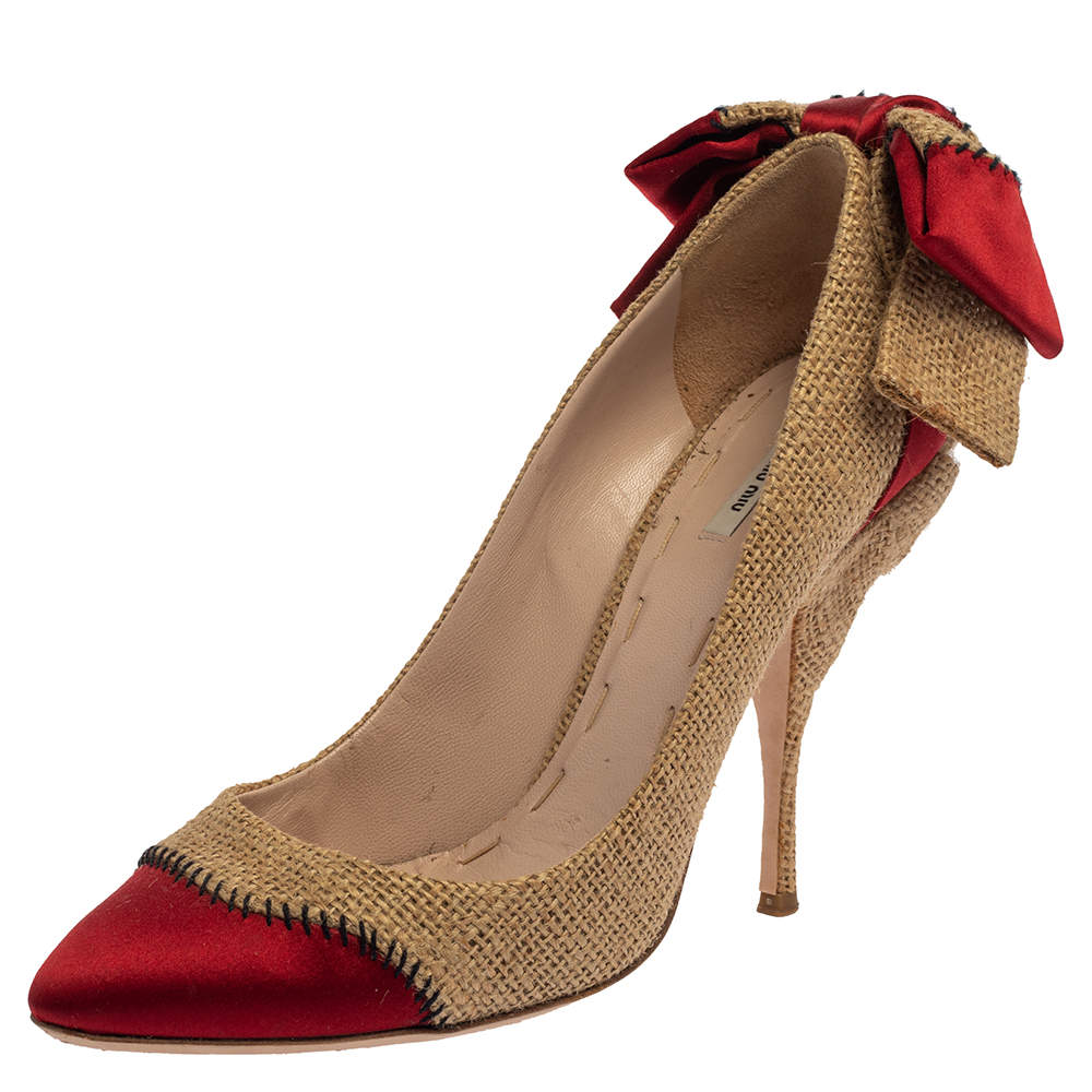 Pre Owned Miu Miu Beige/Red Jute And Satin Bow Pumps Size 39