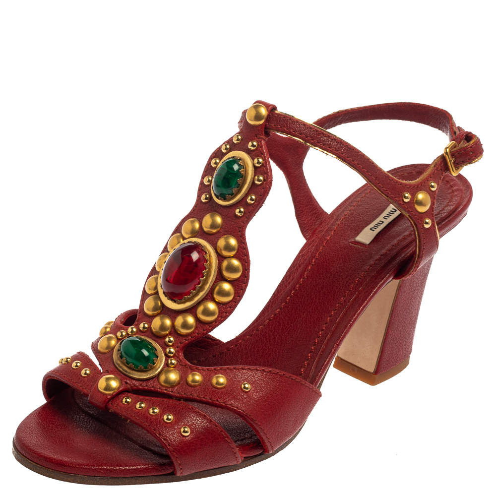 Miu Miu Red Leather Embellished T Strap Sandals Size 39