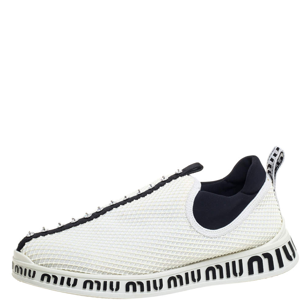 Pre Owned Miu Miu White Mesh Crystal Embellished Slip On Sneakers Size 39.5