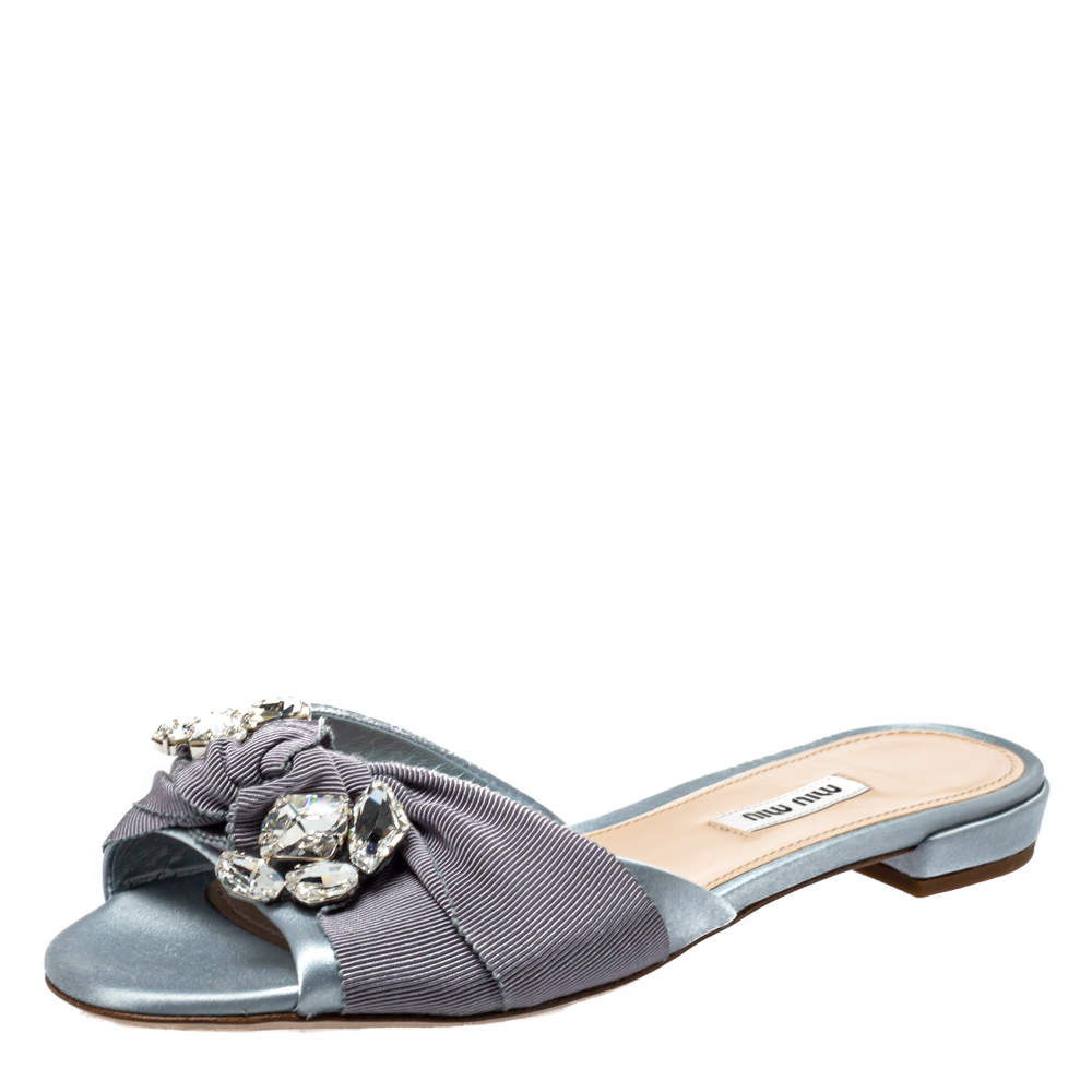 Miu Miu Light Blue Satin And Canvas Knot Crystal Embellished Slide Sandals Size 38