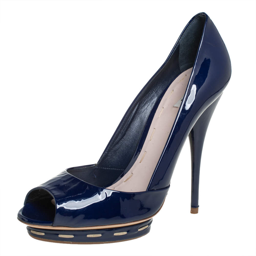 Pre Owned Miu Miu Blue Patent Leather Peep Toe Platform Pumps Size 41
