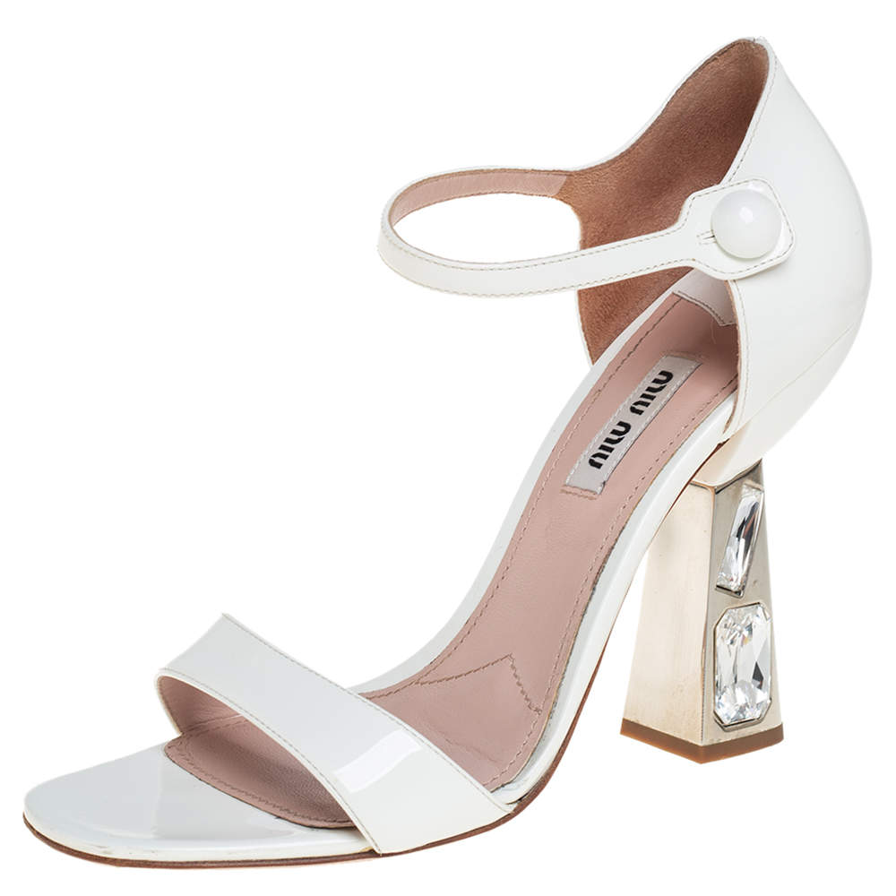 Pre Owned Miu Miu White Patent Leather Crystal Embellished Heel Ankle Strap Sandals Size 37.5
