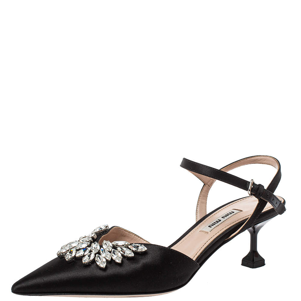 Pre Owned Miu Miu Black Satin Crystal Embellished Kitten Heel Ankle Strap Sandals Size 37